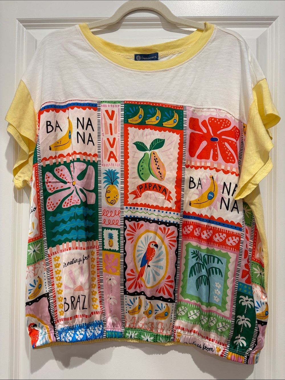 NWT Democracy Yellow Multi-Panel Tropical Print Short Sleeve Relaxed Fit Tee, XL